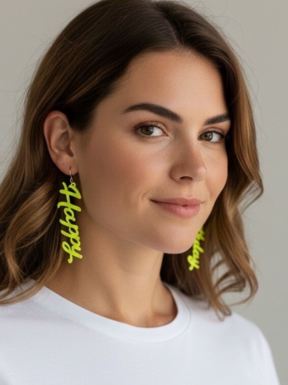 Clover Neon Yellow 'Happy Birthday” Script Drop Earrings